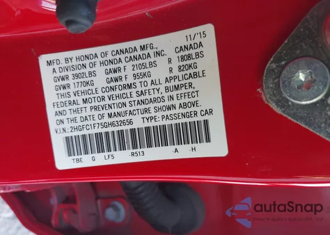 2016 Honda Civic Ex-L z USA, uszkodzony, nr VIN 2HGFC1F75GH632656